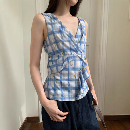 Plaid V-Neck Lace-Up Sleeveless Camisole Top