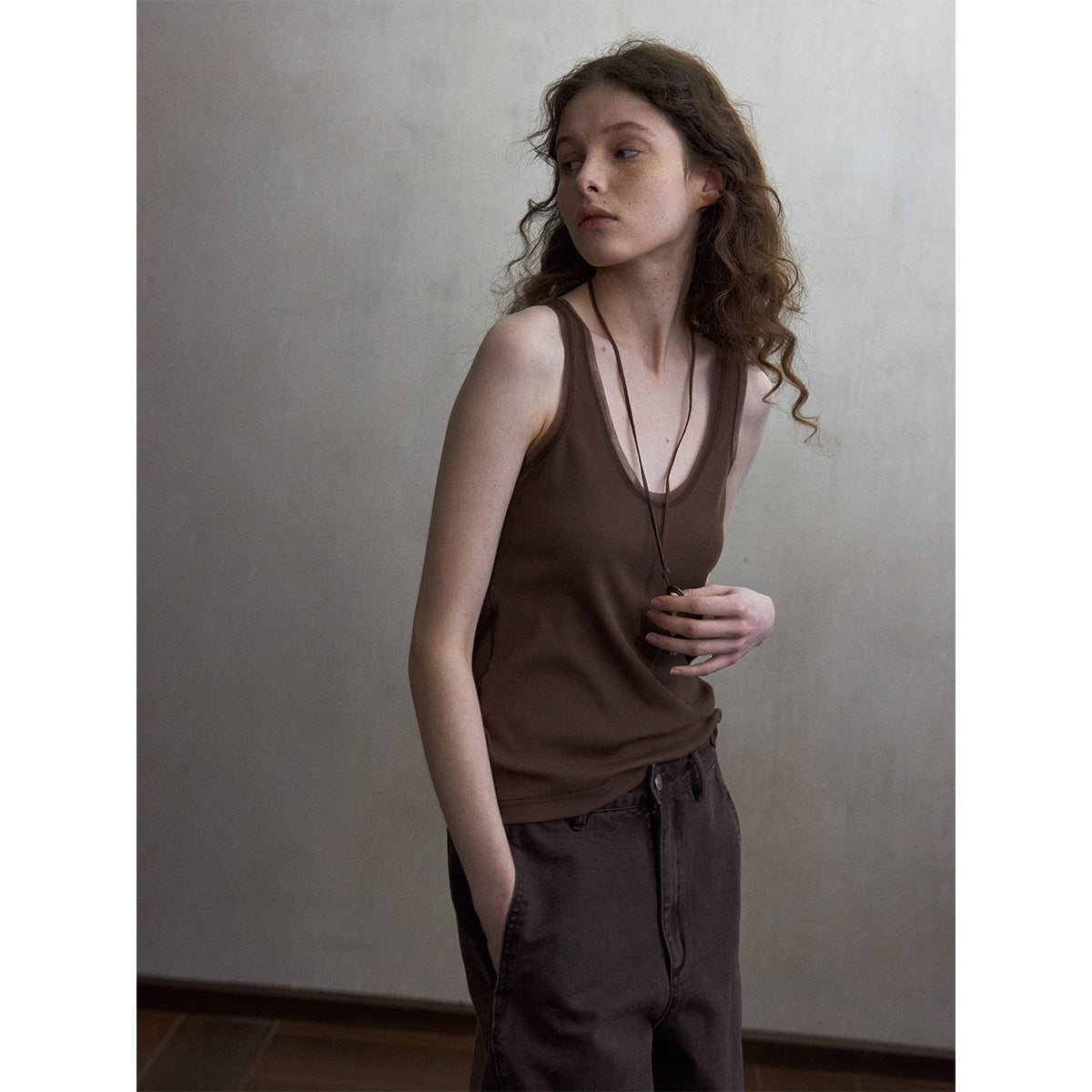 Tencel cotton vest top, mesh tU-neck slim-fitting and thin inner bottoming shirt