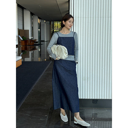 Tencel long T-shirt + suspender + denim skirt