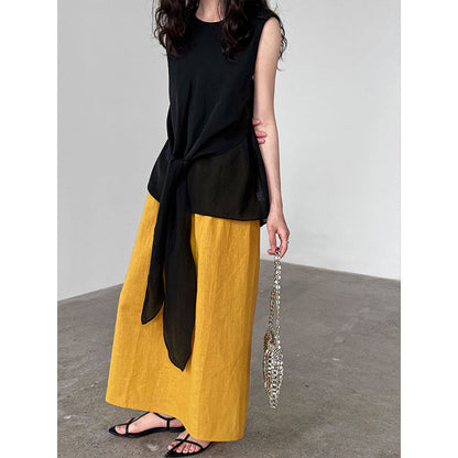 Simple retro cotton and linen skirt summer new split elastic waist straight A-shaped skirt medium and long skirt