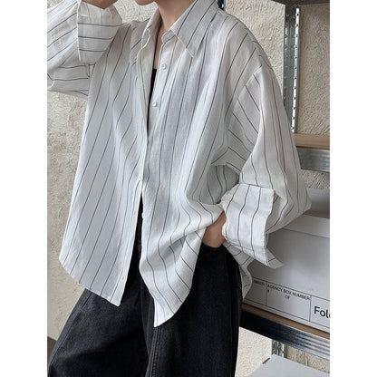 Korean casual temperament striped linen long-sleeved shirt jacket women's early autumn new old money style top