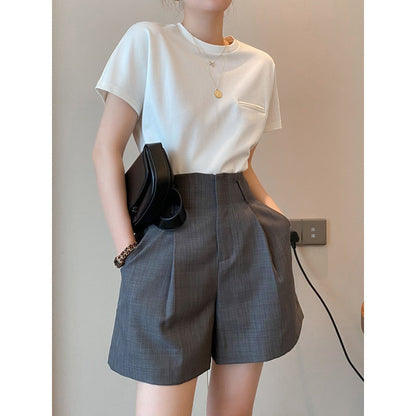 Summer new gray short pants women's high waist temperament thin wide leg pants five-point trousers