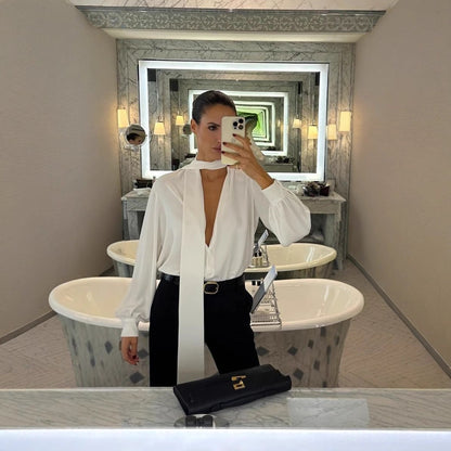 Fashion Deep V Ribbon Loose Shirt Commuter Hottie Sexy Shirt Top Female