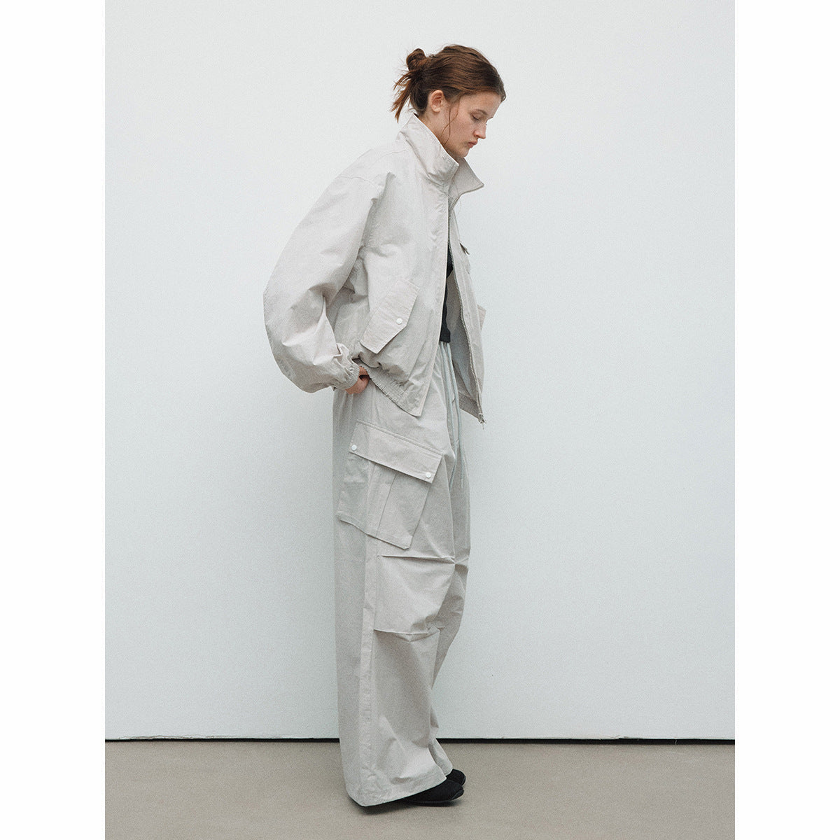 Spring new casual high-waisted lace-up solid color outdoor cotton brocade large paper bag paratrooper trousers