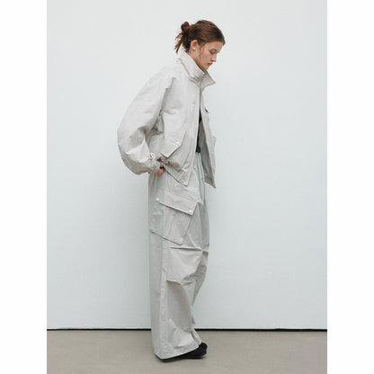 Spring new casual high-waisted lace-up solid color outdoor cotton brocade large paper bag paratrooper trousers
