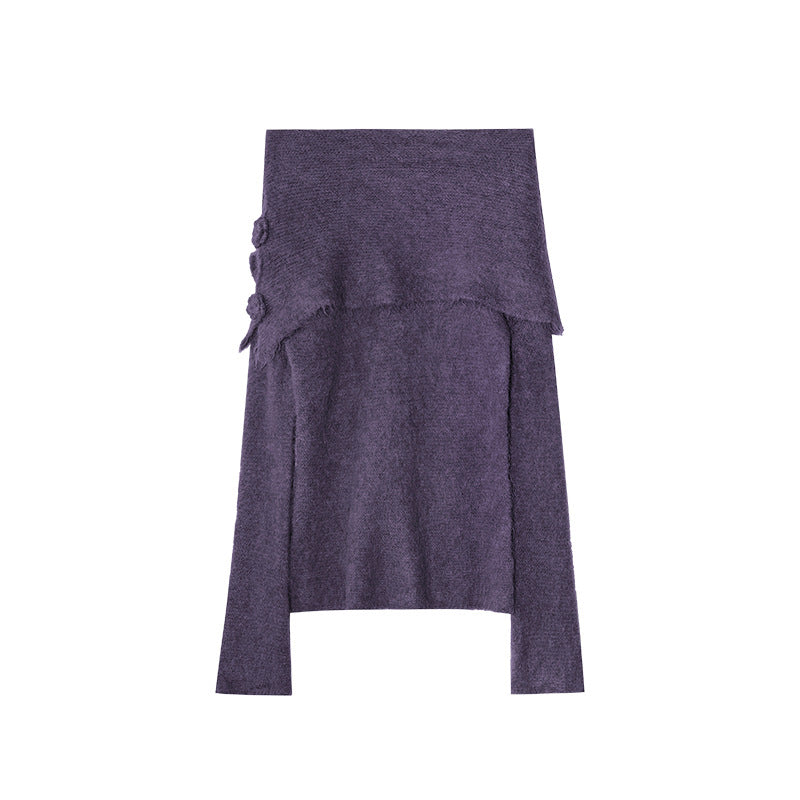 Women's Off-Shoulder 3D Floral Knit Alpaca Wool Pullover Sweater