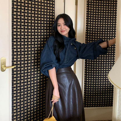 Stand-up collar loose and thin design denim shirt