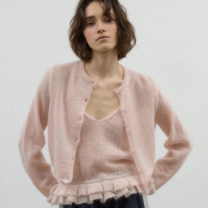 Lotus leaf edge solid color skin-friendly knitted cardigan suspender vest two-piece set