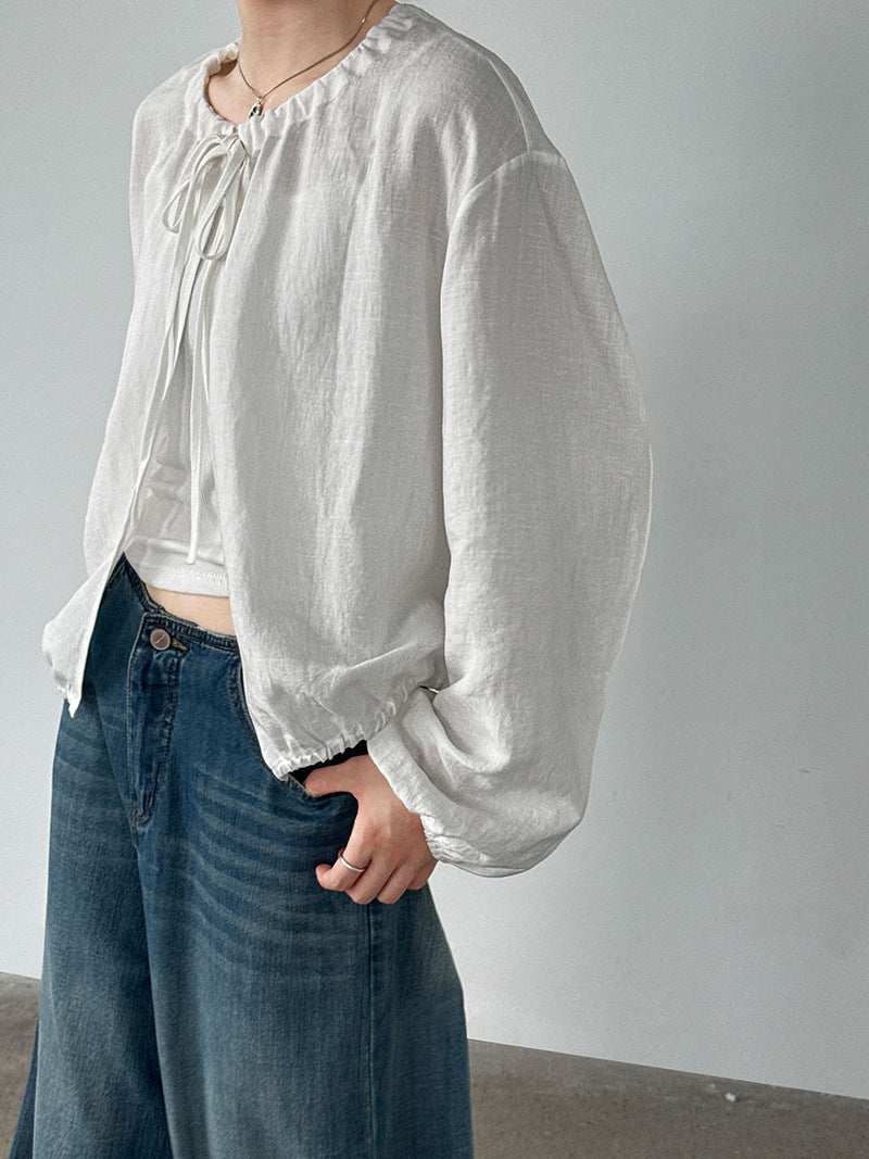 Crew neck strap linen shirt women's Korean simple summer new waist sunscreen jacket shirt