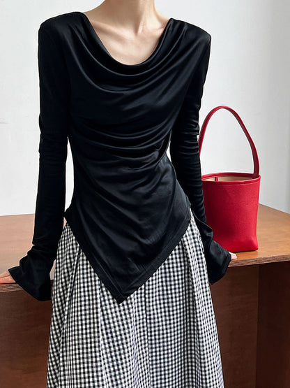High-end design sense stacked collar irregular long-sleeved acetic acid T-shirt women's pure desire bottoming shirt top 2605