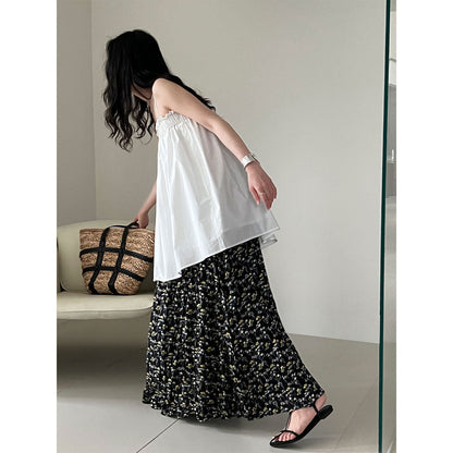 Retro floral skirt women's summer new loose pleated drape high waist a-shaped skirt umbrella skirt