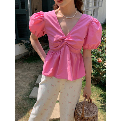 Summer French sweet waist and age-reducing V-neck thin shirt