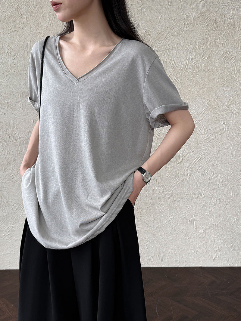Relaxed fit snowflake texture rolled hem v-neck short sleeve women's summer new loose basic t-shirt top
