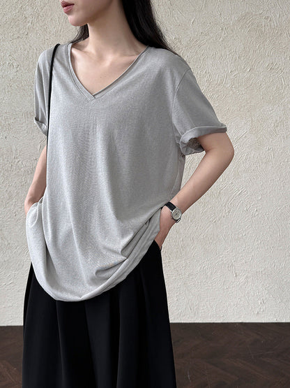 Relaxed fit snowflake texture rolled hem v-neck short sleeve women's summer new loose basic t-shirt top