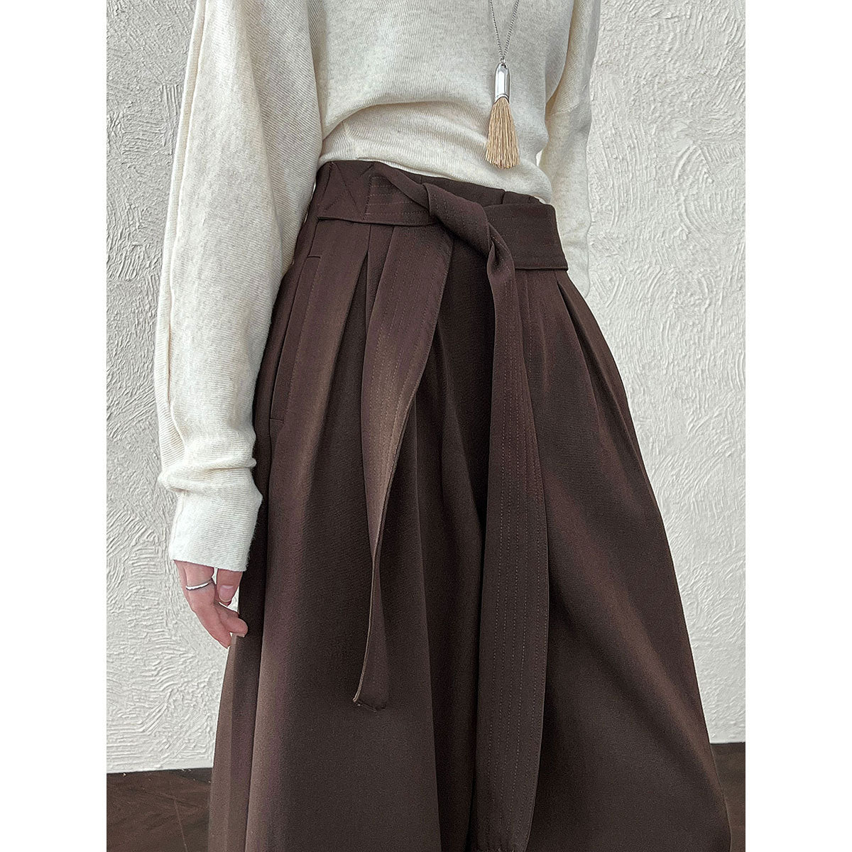 Vintage design straps three-dimensional pleated wide-leg pants autumn casual straight trousers
