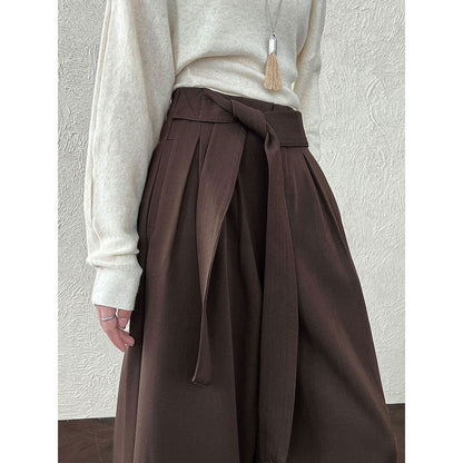 Vintage design straps three-dimensional pleated wide-leg pants autumn casual straight trousers