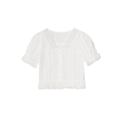 Small shirt lace edge splicing short sleeve shirt