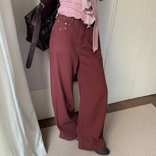 Casual simple floor mopping long loose wide-leg mid-rise jeans women