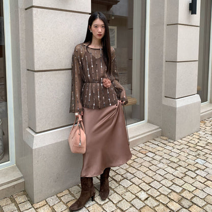 Perspective thin long-sleeved large round neck hollow-knit blouse top