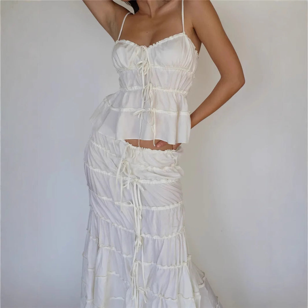 Sexy suspender top skirt set pleated lace lace-up long skirt two-piece set private clothes socialite