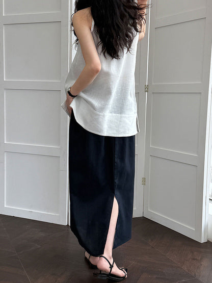 Simple retro cotton and linen skirt summer new split elastic waist straight A-shaped skirt medium and long skirt