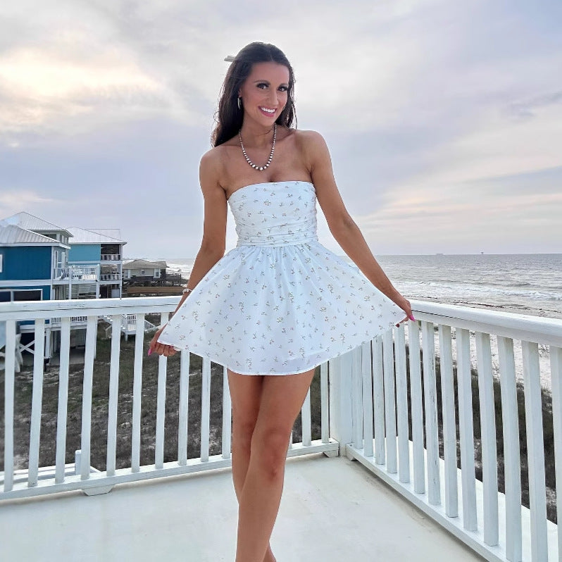 Fashion tube top skirt floral dress French A-word short skirt