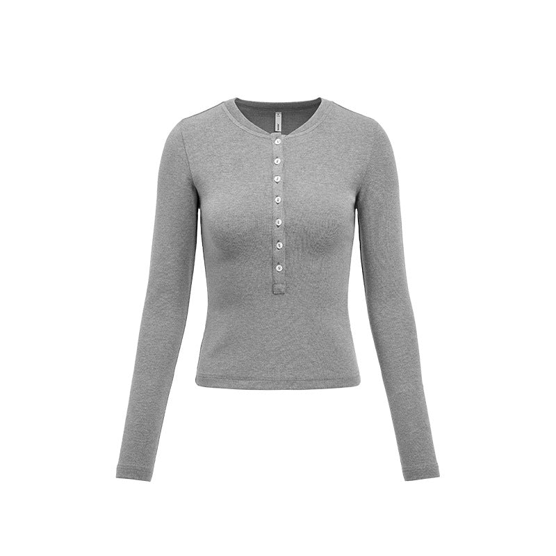 Henley Collar Slim Top Women Round Neck Long Sleeve Fitted T-Shirt