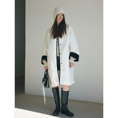 Winter new casual round neck single-breasted quilted contrasting color medium and long cotton jacket