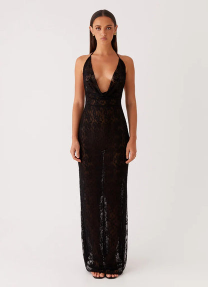 Women's new fashion lace lace-up long dress big halter sexy hottie suspender dress