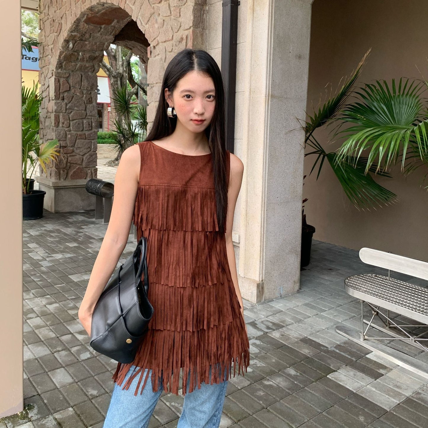 Bohemian temperament heavy industry fringed sleeveless vest dress