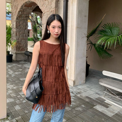 Bohemian temperament heavy industry fringed sleeveless vest dress