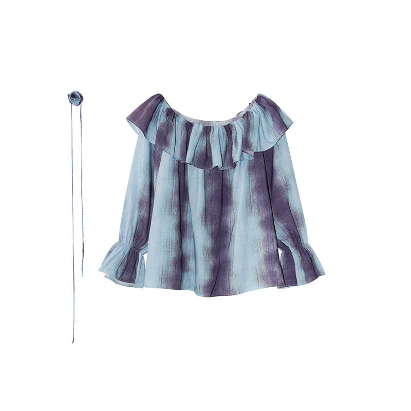 Lotus leaf edge top shoulder long sleeve gradual change tie-dye shirt