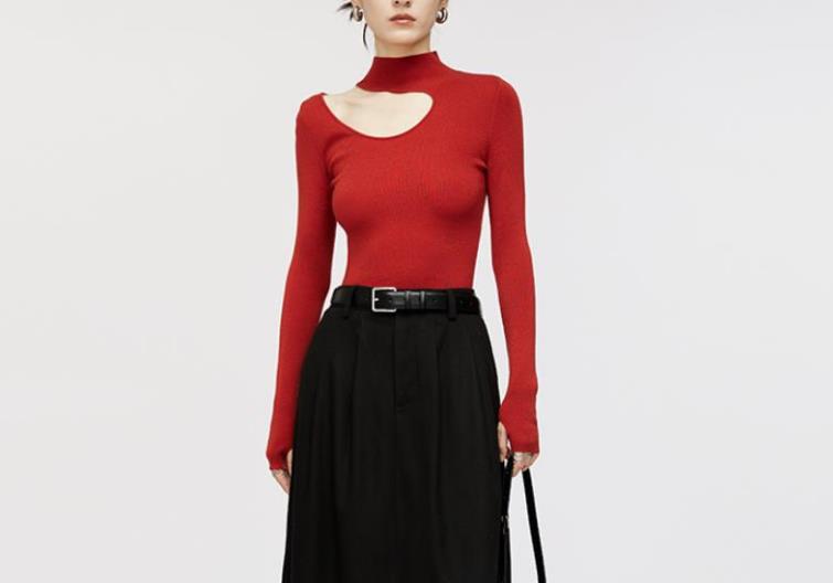 Semi-Turtleneck Long Sleeve Sweater Women Off-Shoulder Hollow Knit Top
