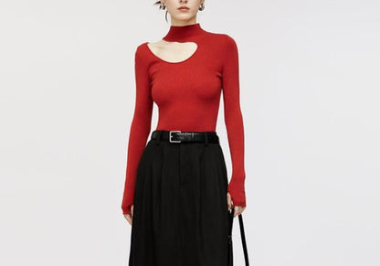 Semi-Turtleneck Long Sleeve Sweater Women Off-Shoulder Hollow Knit Top