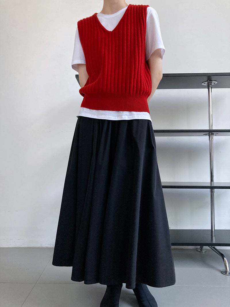 High waist a word pleated skirt long skirt