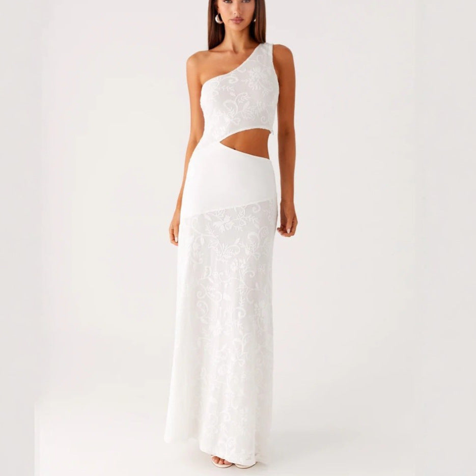 Sexy lace stitching slanted shoulder hollow slim dress