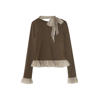 Court style sweet age-reducing bow long-sleeved knitted sweater for women