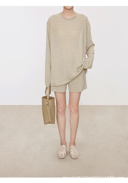 Striped Sweater Set Women Loose Fit Round Neck Long Sleeve Triacetate Cotton