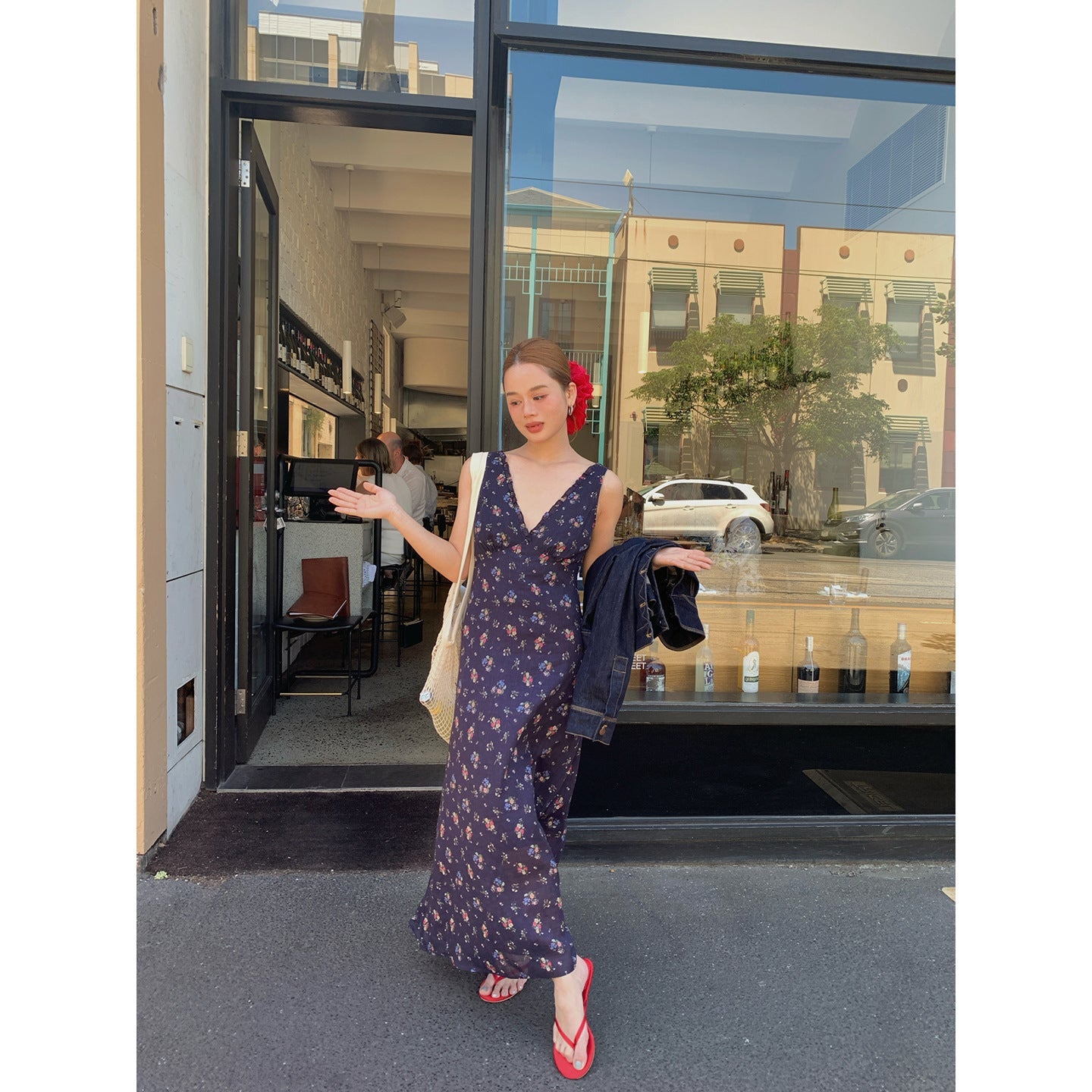 Early spring Korean small fresh Tencel satin floral suspender dress