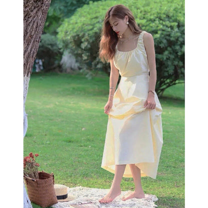 ED women's classic spring new pleated wide strap temperament dress niche design high-end long dress