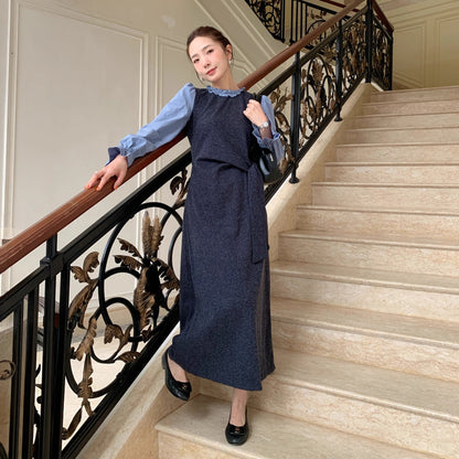 Gentle temperament waist long-sleeved knitted splicing dress