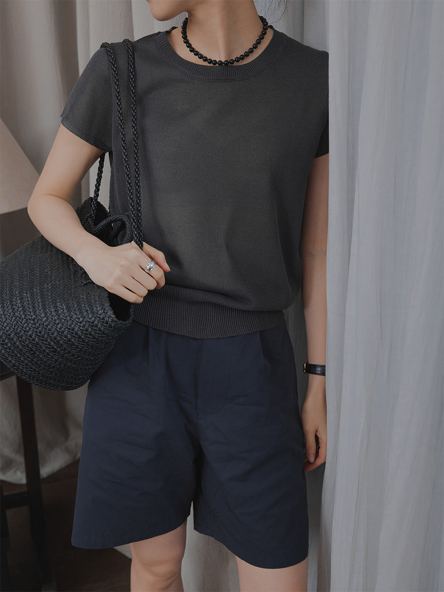 Seamless one-piece short-sleeved knitted sweater lazy top