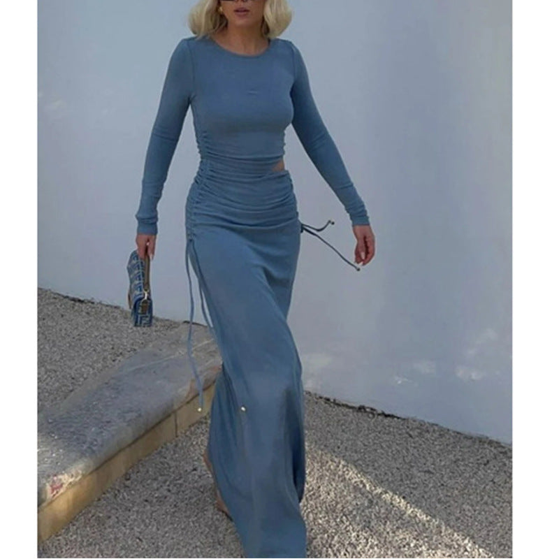 Crew neck long sleeve hip skirt hollow sexy waist pleated design dress style
