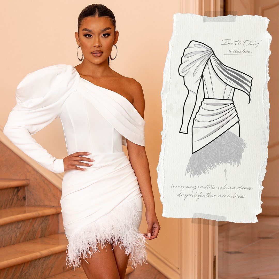 New French dress sexy irregular slanted shoulder skirt feather pleated dress