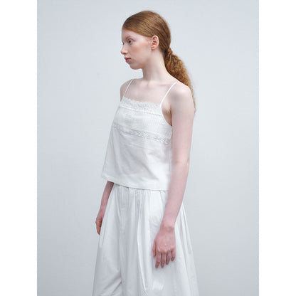 Summer new casual one-word collar linen cotton thin transparent embroidered solid color suspender top