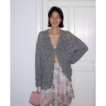 Hollow POLO neck sunscreen cardigan knitted sweater loose outer long-sleeved top