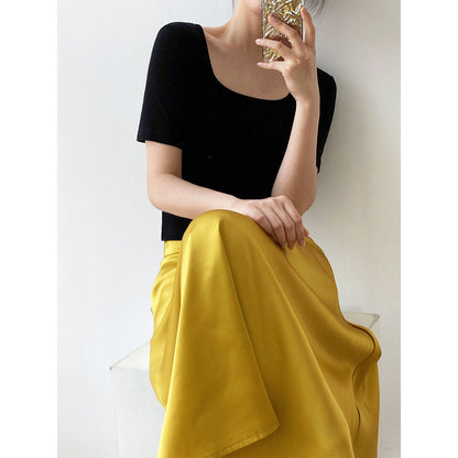 New solid color short square neck short-sleeved T-shirt women's high waist slim-fitting clavicle top