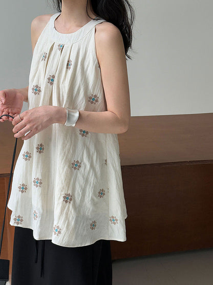 Heavy industry embroidery ~ Korean lazy sleeveless halterneck vest women's summer linen cut-out camisole top