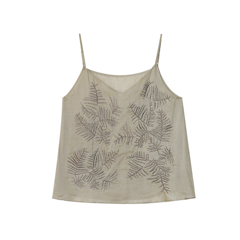 Elegant deep V-neck double-root inner embroidered sling vest