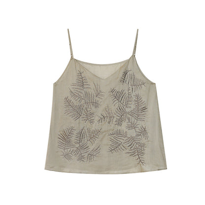 Elegant deep V-neck double-root inner embroidered sling vest